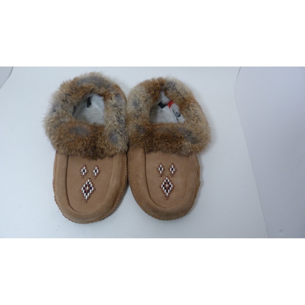 Manitobah Mukluks Tan Suede Rabbit Fur Beaded Moccasin Slippers Womens L7